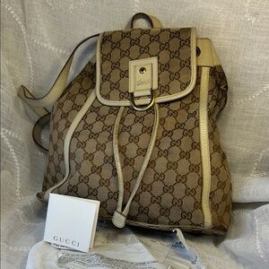 Gucci Abbey logo pattern leather and canvas vintage backpack